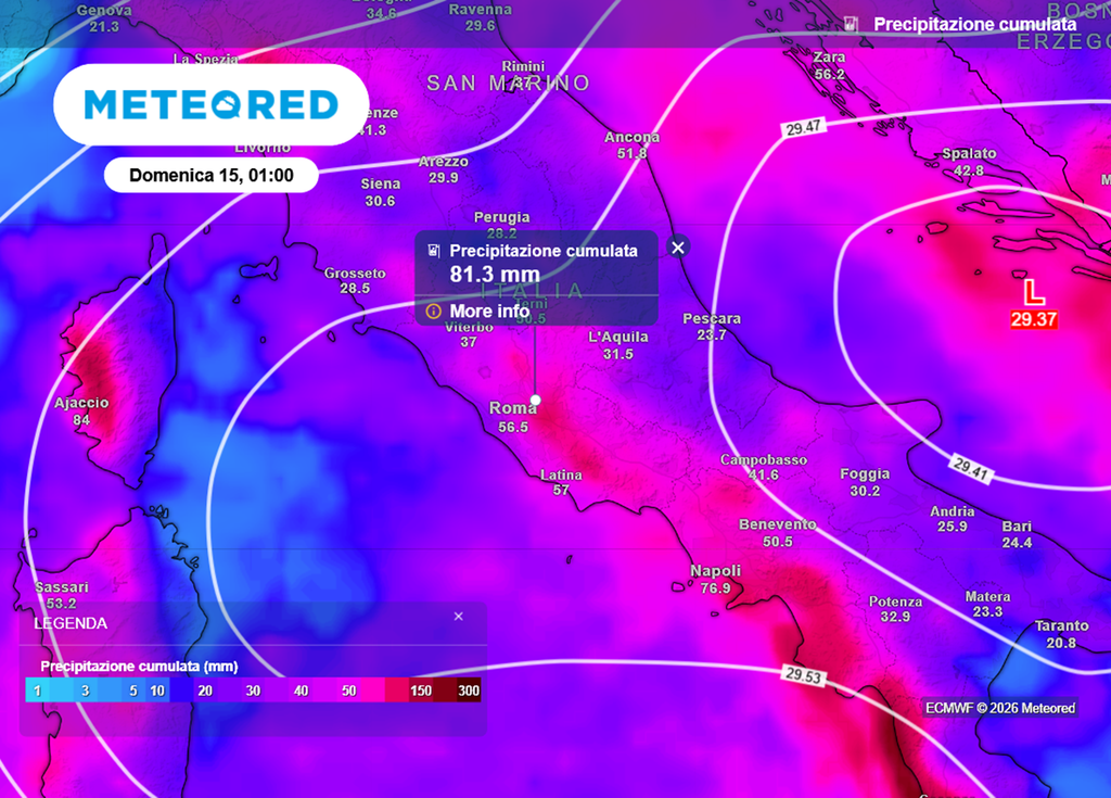 Piogge cumulate tra lunedì e fine settimana su Roma secondo la previsione del modello meteo europeo.