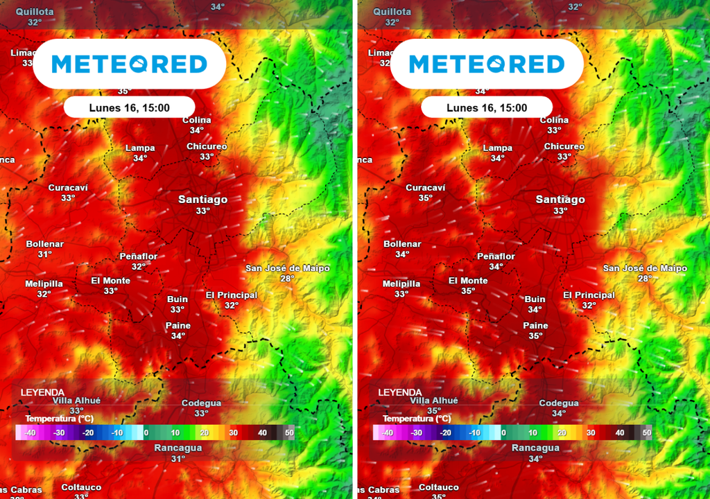 Modelo ECMWF (imagen izquierda) y GFS (imagen derecha) prevén un escenario similar este lunes en Santiago.