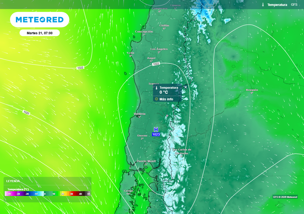 Temperatura mínima (°C) para el martes 21 de abril 2026 en el centro-sur de Chile.
