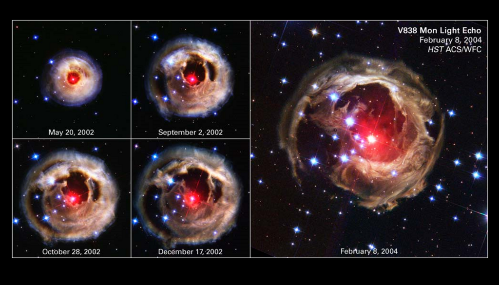 Aufeinanderfolgende Fotos von V838 Monocerotis zeigen den Verlauf eines Lichtechos. Bild: NASA/ESA/H. E. Bond (STScI)/The Hubble Heritage Team (STScI/AURA)