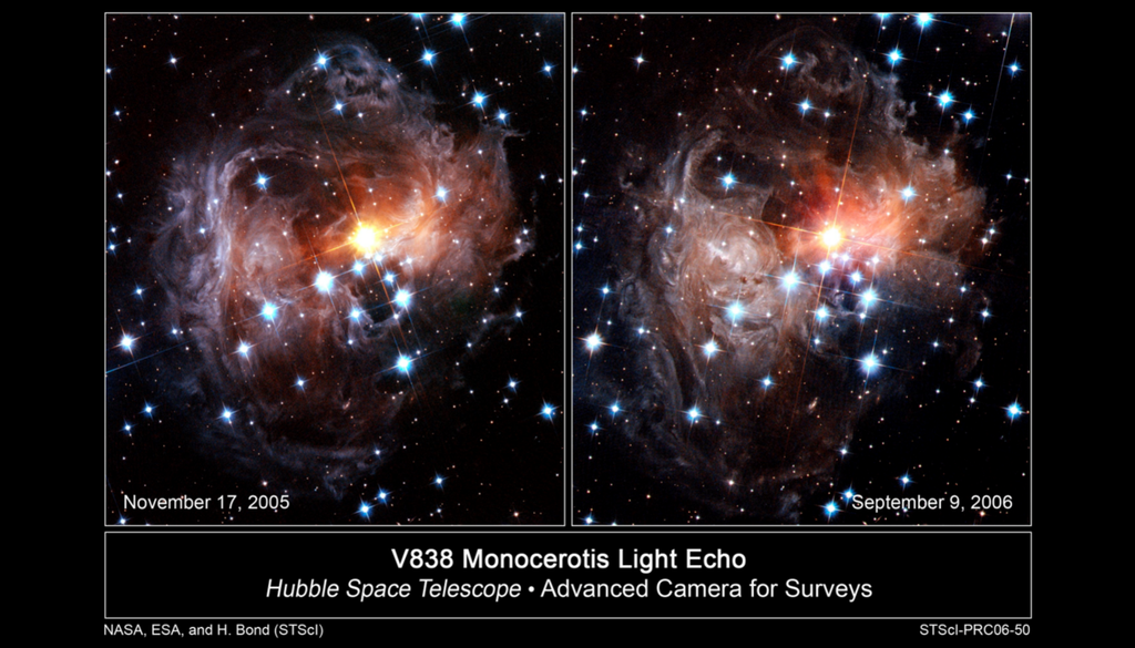 Weitere Veränderungen des Lichtechos in V838 Monocerotis von 2005 bis 2006. Bild: NASA/ESA/H. E. Bond (STScI)
