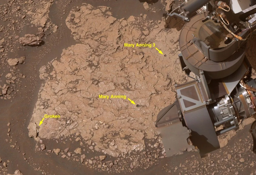 Una vista desde arriba muestra el brazo robótico del rover Curiosity sobre una roca marciana plana, agrietada y de color marrón. Flechas amarillas y texto indican tres agujeros circulares distintos en la roca —“Groken”, “Mary Anning” y “Mary Anning 3”— hechos por el taladro del rover. Esta es una imagen detallada y anotada de tres agujeros que el rover Curiosity de la NASA perforó en roca marciana en un lugar apodado "Mary Anning" en octubre de 2020. La muestra donde el rover encontró una gran variedad de moléculas orgánicas provino de "Mary Anning 3". (Un punto cercano, apodado "Mary Anning 2", no se utilizó). NASA/JPL-Caltech/MSSS
