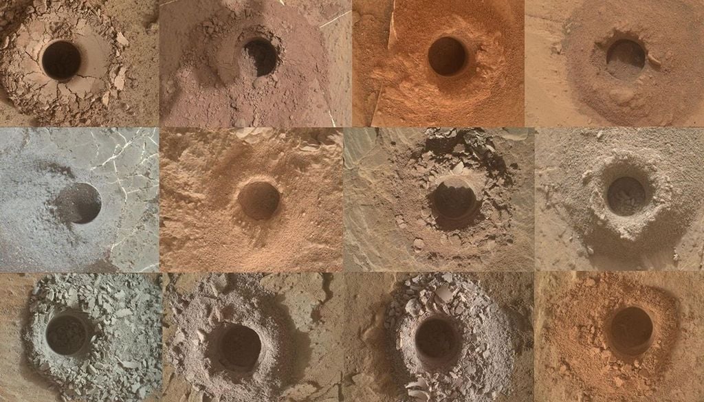 12 de 20 muestras de perforación del rover Curiosity del cráter Gale que se analizaron para el estudio. Crédito: NASA/JPL-Caltech/MSSS.