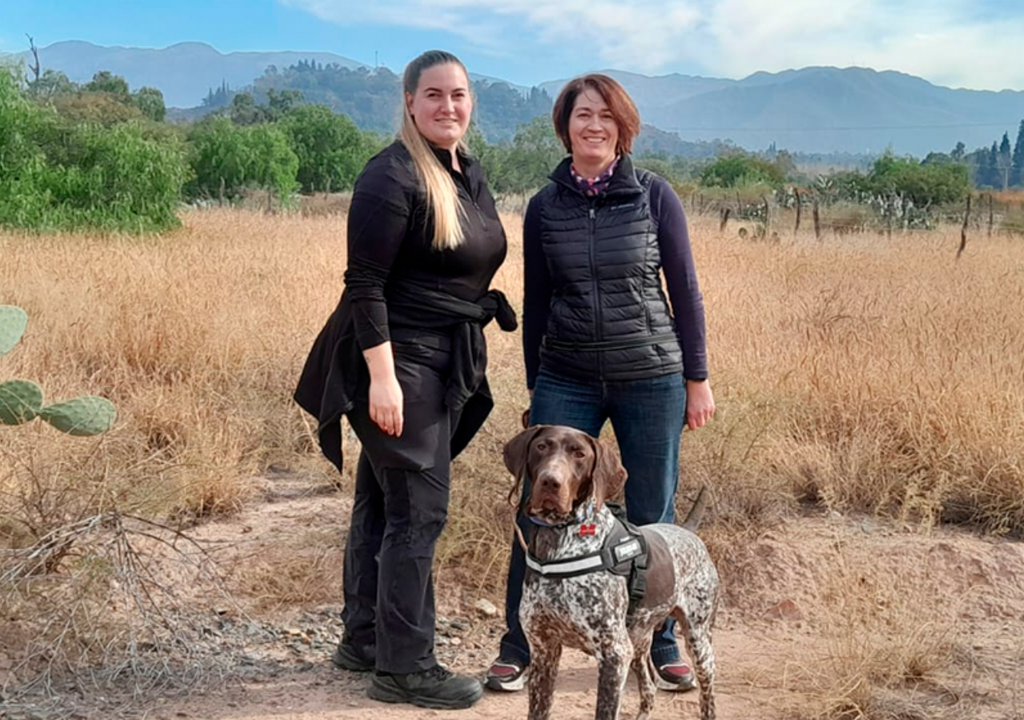 Perro rastreador pichiciego vinchuca Mariella Superina, investigadora, junto al perro Roy y su olfato entrenado. Foto: CONICET