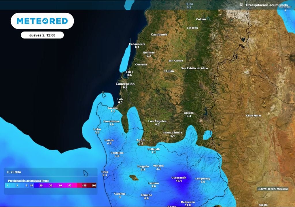 El sistema frontal impactará con mayor fuerza al sur, pero alcanzará de forma marginal a la zona central, con precipitaciones débiles en el sur del Biobío, como en Arauco y Lebu.