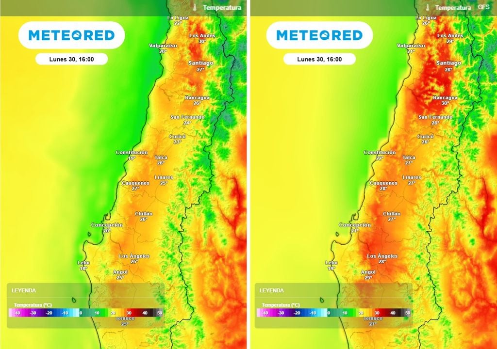 Diferencias entre modelos: el GFS proyecta un lunes más cálido que el ECMWF, con máximas más elevadas en sectores interiores de la zona central.