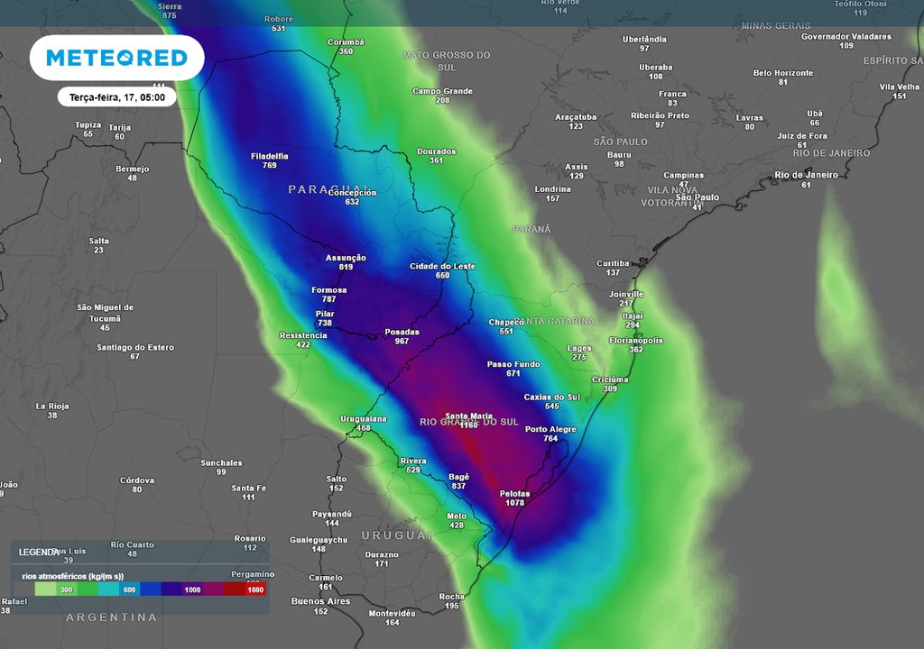 Previsão de rios atmosféricos nesta terça-feira de manhã.