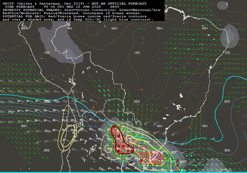 Previsão de potencial de tempo severo e potencial de granizo para esta quarta-feira durante a manhã. Previsão de potencial de tempo severo e potencial de granizo para esta quarta-feira durante a manhã.