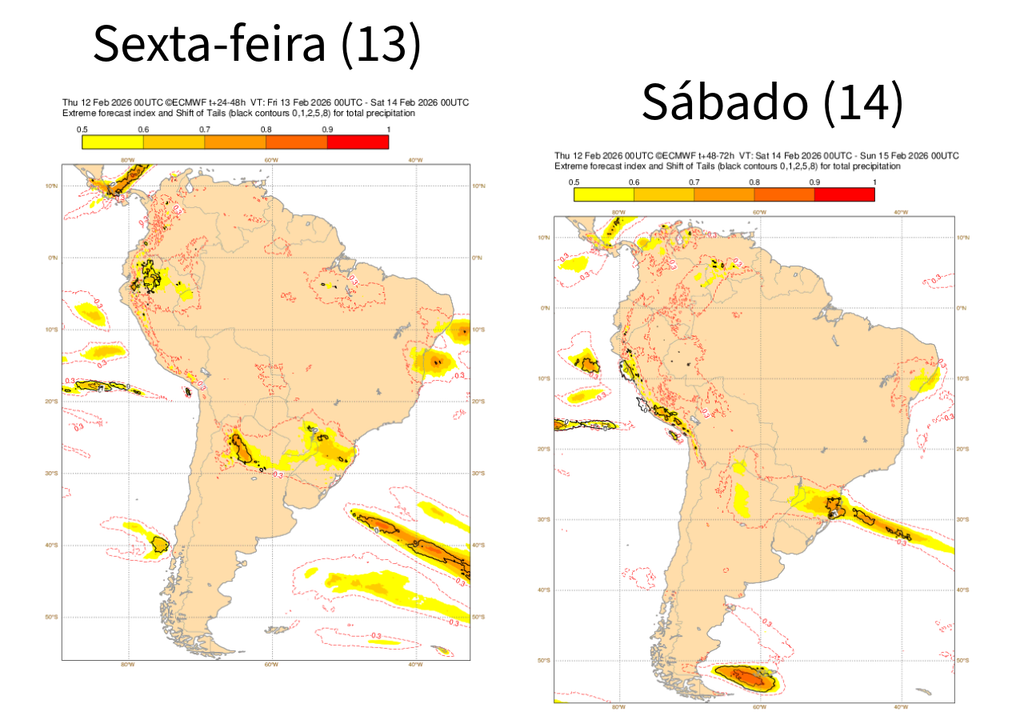 EFI do ECMWF para precipitação nesta sexta-feira (13) e sábado (14). Créditos: Adaptado de ECMWF.