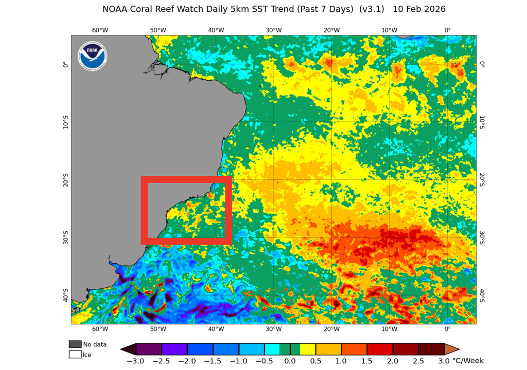 Tendência de temperatura da superfície do mar nos últimos 7 dias, destacando no retângulo vermelho o aquecimento na costa Sul/Sudeste. Créditos: NOAA Coral Reef Watch.