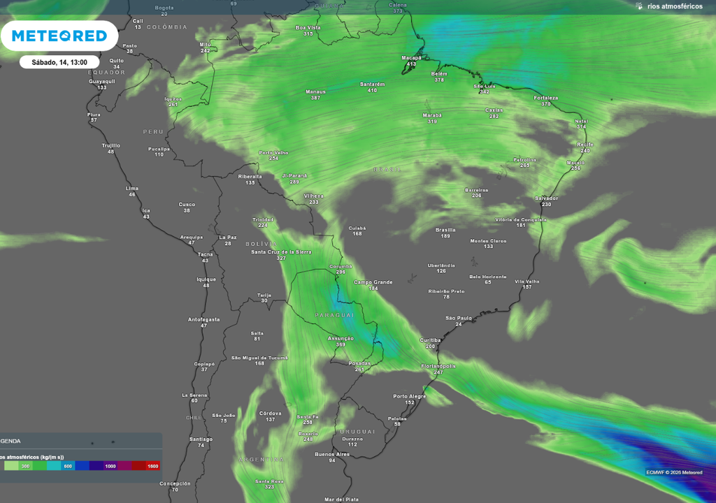 Previsão de rio atmosférico neste sábado (14), de acordo com o ECMWF.