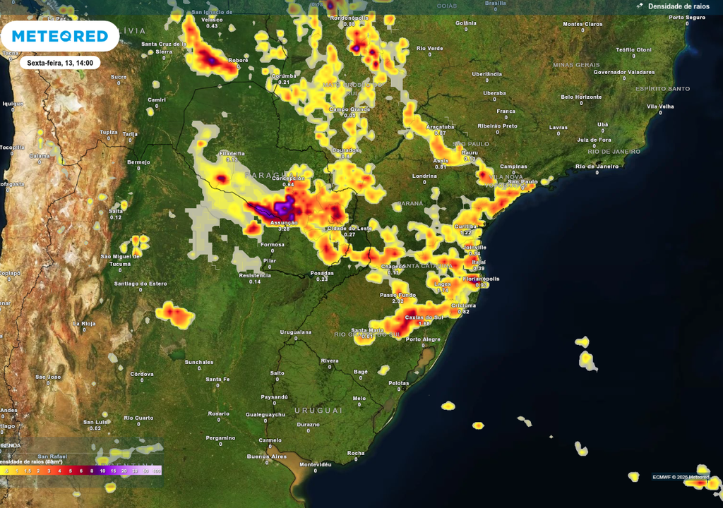 Previsão de tempestades nesta sexta-feira (13), segundo o ECMWF.