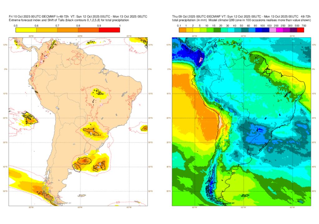 Previsão de Extreme Forecast Index (EFI) do modelo ECMWF para o domingo.
