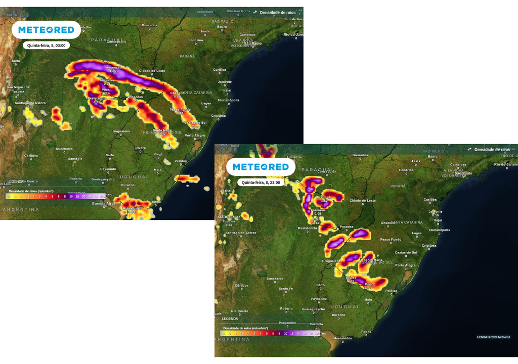 Previsão de tempestades nesta quinta-feira (8), segundo o ECMWF. Previsão de tempestades ao longo da quinta-feira (8), segundo o ECMWF.