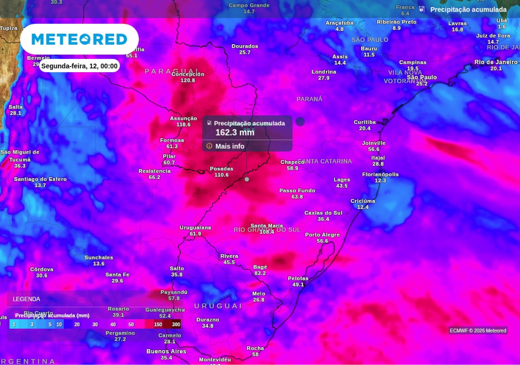 Previsão de chuva acumulada até o final de domingo (11), segundo o ECMWF. Previsão de chuva acumulada até o final de domingo (11), segundo o ECMWF.