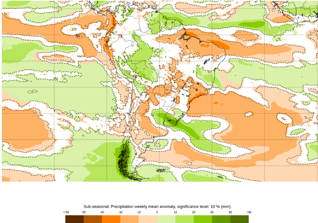 Previsão de anomalia semanal de chuva, de acordo com o ECMWF. Créditos: ECMWF.