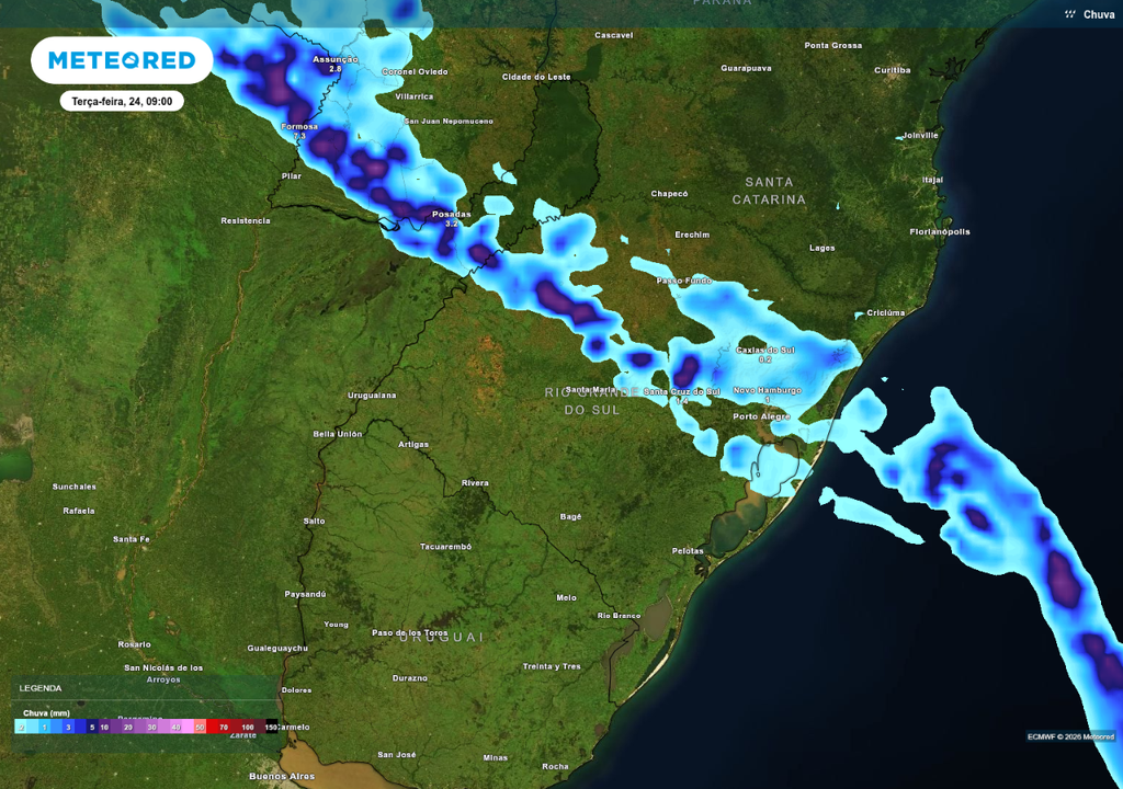 Previsão de chuva nesta terça-feira (24), de acordo com o ECMWF.