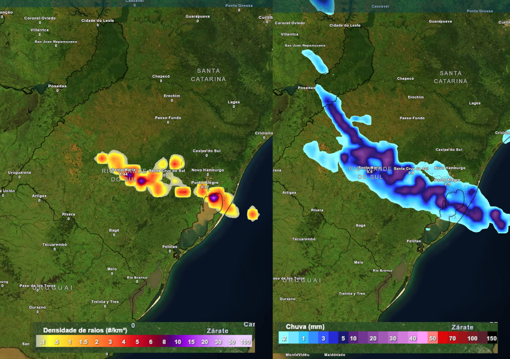 Previsão de tempestades (esquerda) e chuva na quarta-feira (25), de acordo com o ECMWF.