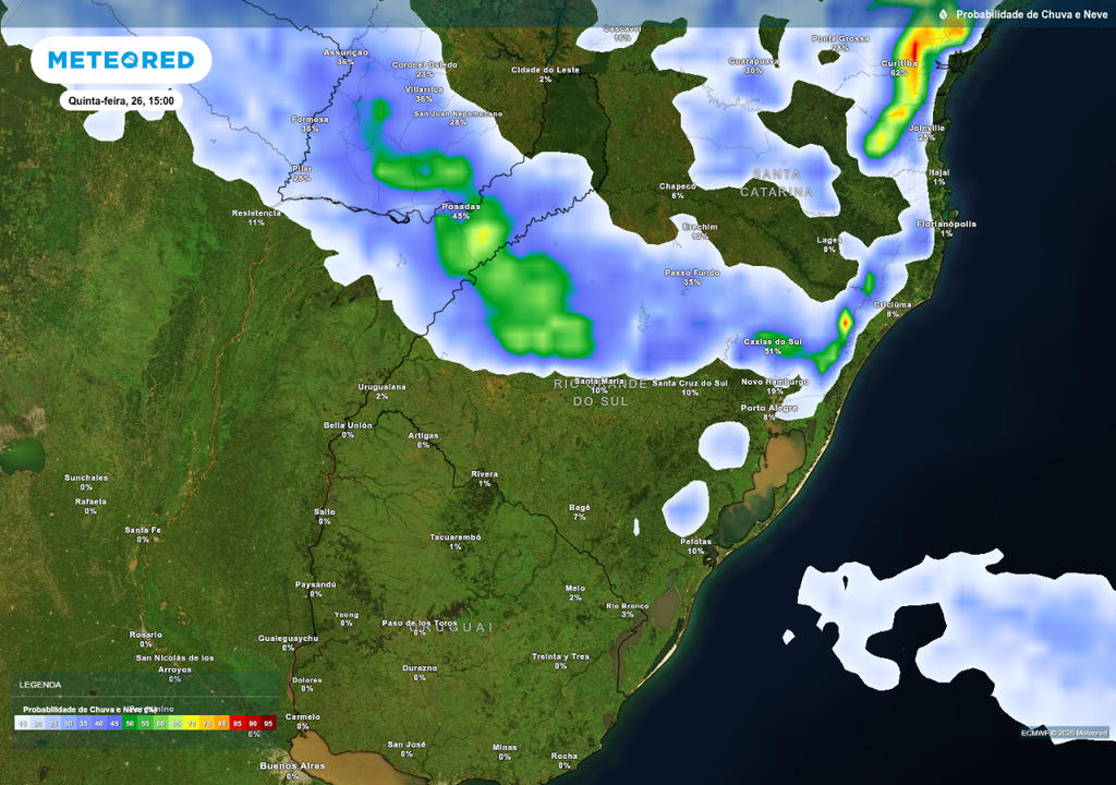 Probabilidade de chuva na quinta-feira (26), de acordo com o ECMWF.