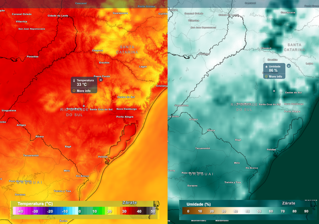 Previsão de temperatura (esquerda) e umidade relativa (direita) na sexta-feira (27), de acordo com o ECMWF.