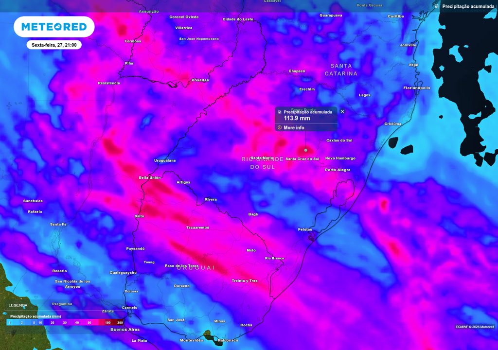 Previsão de chuva acumulada até sexta-feira (27), de acordo com o ECMWF.