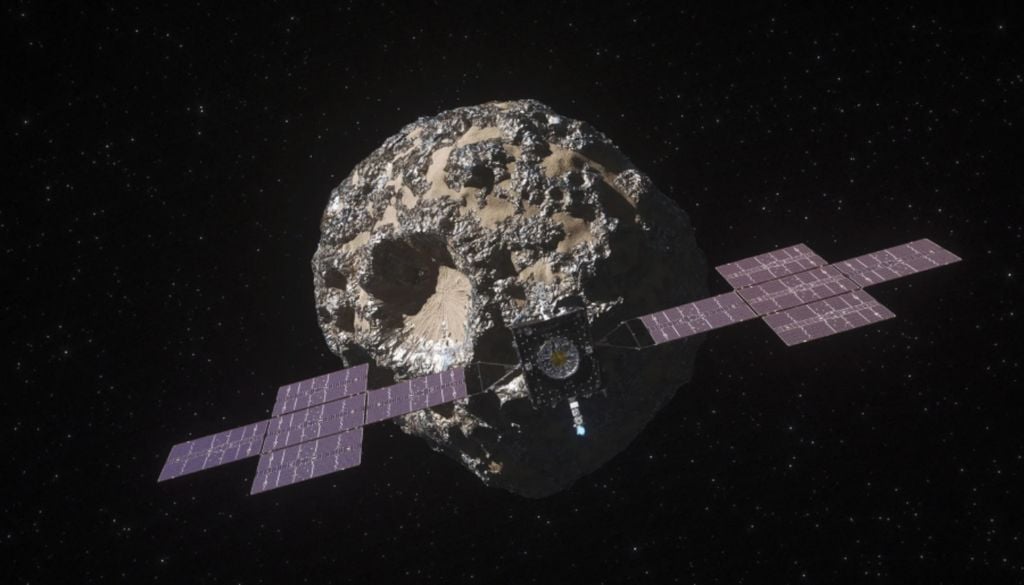 misión Psyche NASA Marte Esta ilustración muestra la nave espacial Psyche de la NASA acercándose al asteroide Psyche. Una vez que llegue, en 2029, la nave espacial orbitará este asteroide rico en metales durante 26 meses mientras lleva a cabo sus investigaciones científicas. Crédito: NASA/JPL-Caltech/ASU