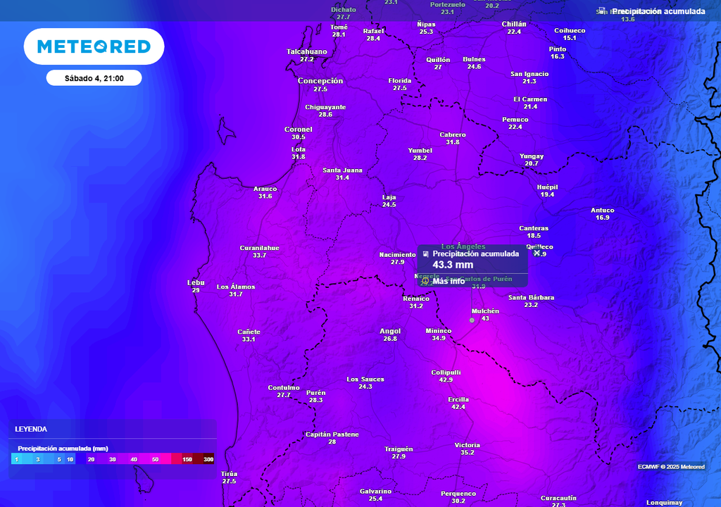 Sábado 04 de octubre con lluvias en la Región de Biobío, Meteored, Chile
