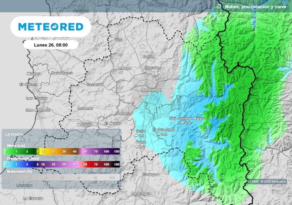 Inestabilidad La próxima semana podría arrancar con chubascos tanto en cordillera como en el valle de Santiago: aunque serán débiles y aislados.