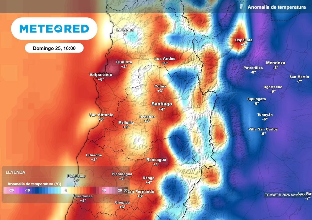 Temperaturas Tras varios días frescos el ECMWF prevé temperaturas sobre lo esperado en Santiago: máximas llegarían a los 25 °C en Quinta Normal.