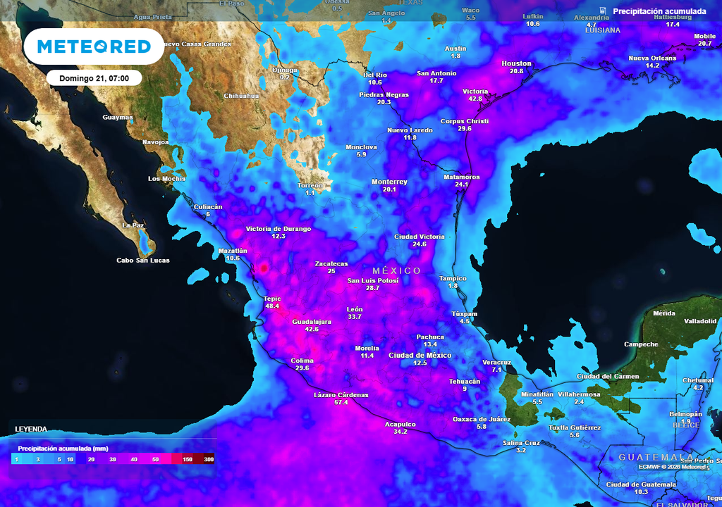 Pronóstico de precipitaciones en milímetros Se esperan de 30-50 mm con locales superando los 70 mm este sábado desde Jalisco hacia el Valle de México, así como en el Noreste y costas del Pacífico Sur con inundaciones