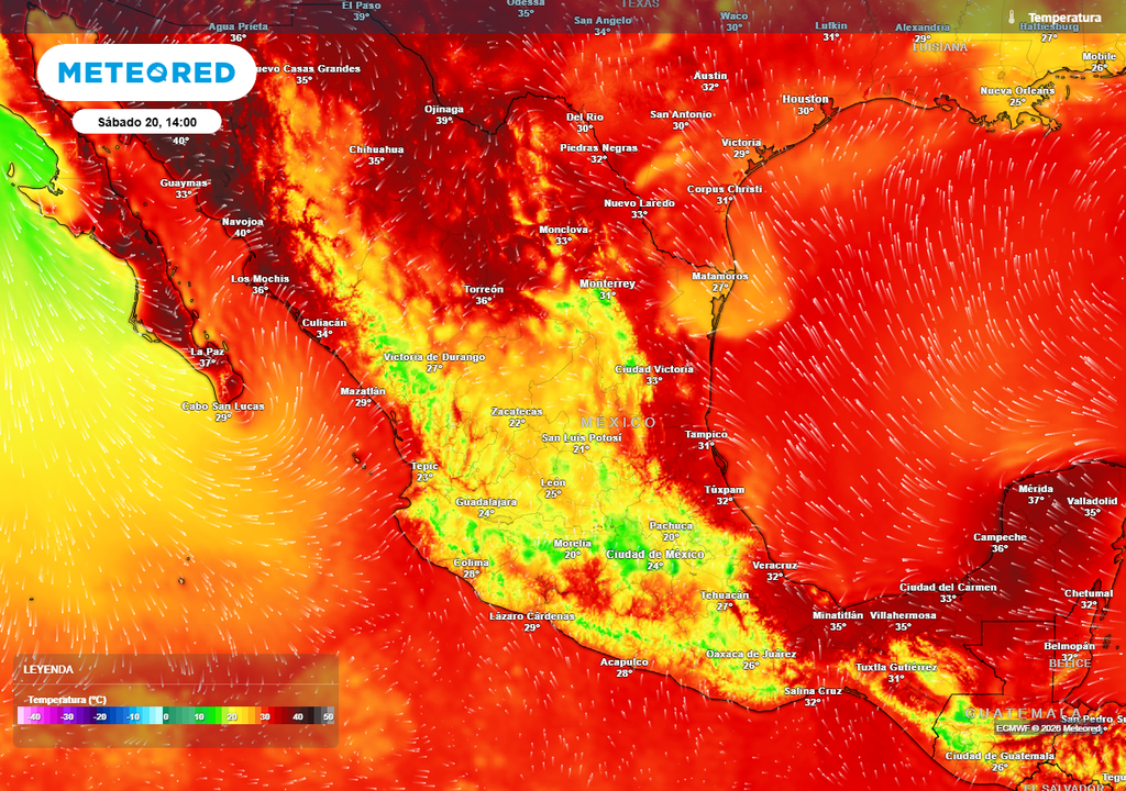 Pronóstico de temperaturas en grados Celsius El intenso calor se concentrará al Norte y Sureste con 35-44 °C y bochorno superior en el Golfo de México; Occidente y Centro más fresco con 15-25 °C.