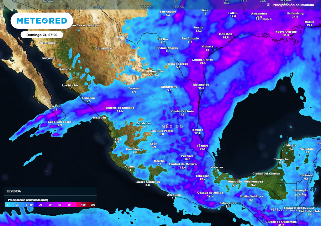 Acumulados de 20-50 mm con locales superiores a 70 mm son probables para el Noreste, Centro y Oriente donde se regularía el calor, siendo menores en el resto del país.