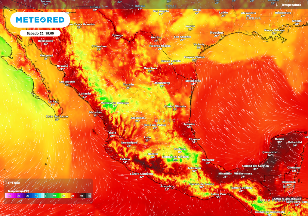 Lo más caluroso será en el sureste y Pacífico con 35-45 °C y bochorno superior. En el norte, noreste, centro y sureste se regularán las temperaturas debido a las lluvias.