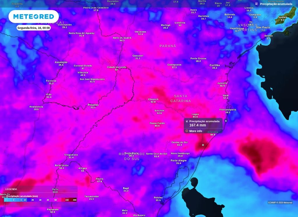 Chuva acumulada entre sexta (13) e domingo (15).