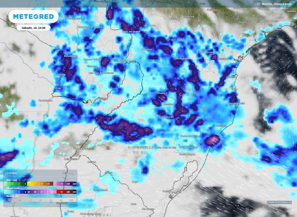 Previsão de chuva para a tarde deste sábado (14) na Região Sul.