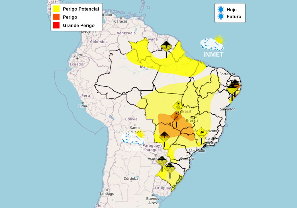 Mapa de alertas emitidos pelo Instituto Nacional de Meteorologia (INMET) para sábado.