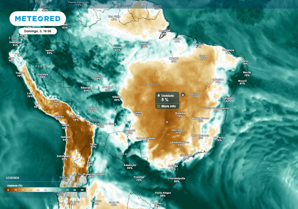 Previsão de umidade relativa mínima no domingo (03) durante a tarde.