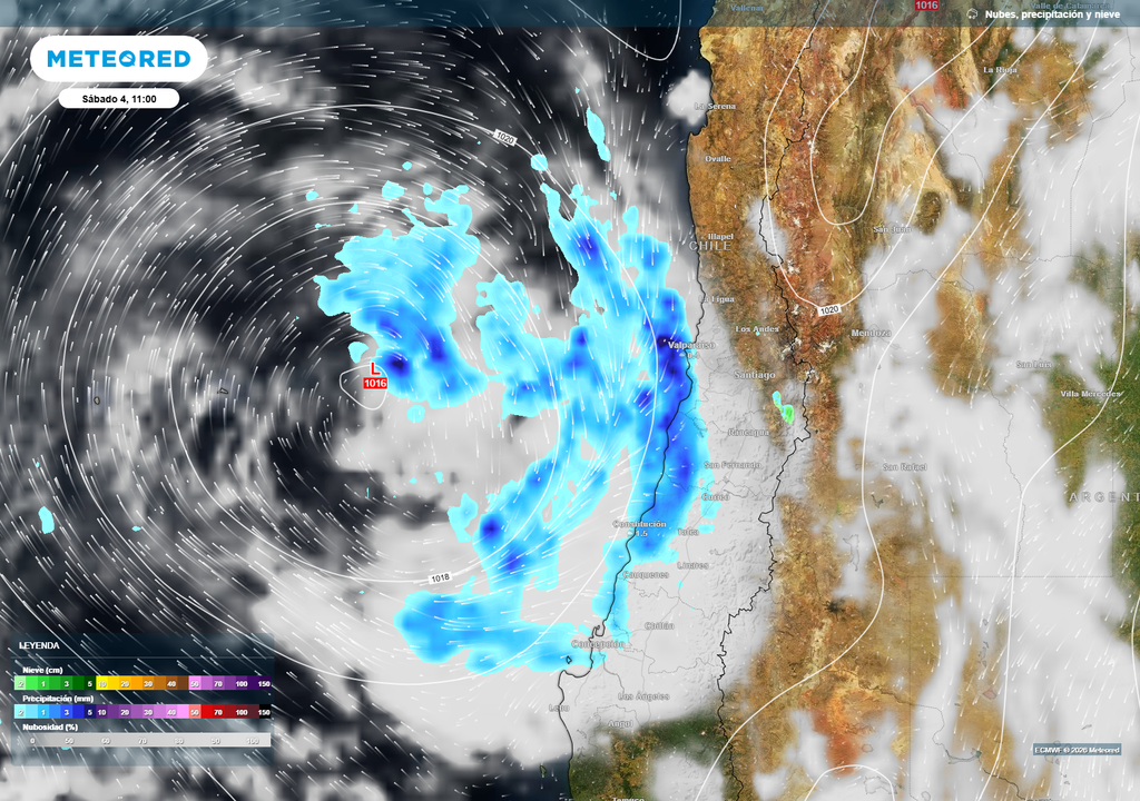 El mapa muestra que el foco principal del sistema se concentrará en el litoral central, con chubascos que comenzarán durante la mañana del sábado 4 de julio.