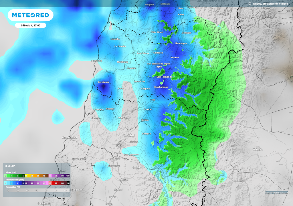 El mapa muestra que O’Higgins se mantiene entre las regiones con probabilidad de chubascos, mientras en Maule el sistema avanzaría algo más debilitado, aunque todavía con precipitaciones y viento en sectores cordilleranos.