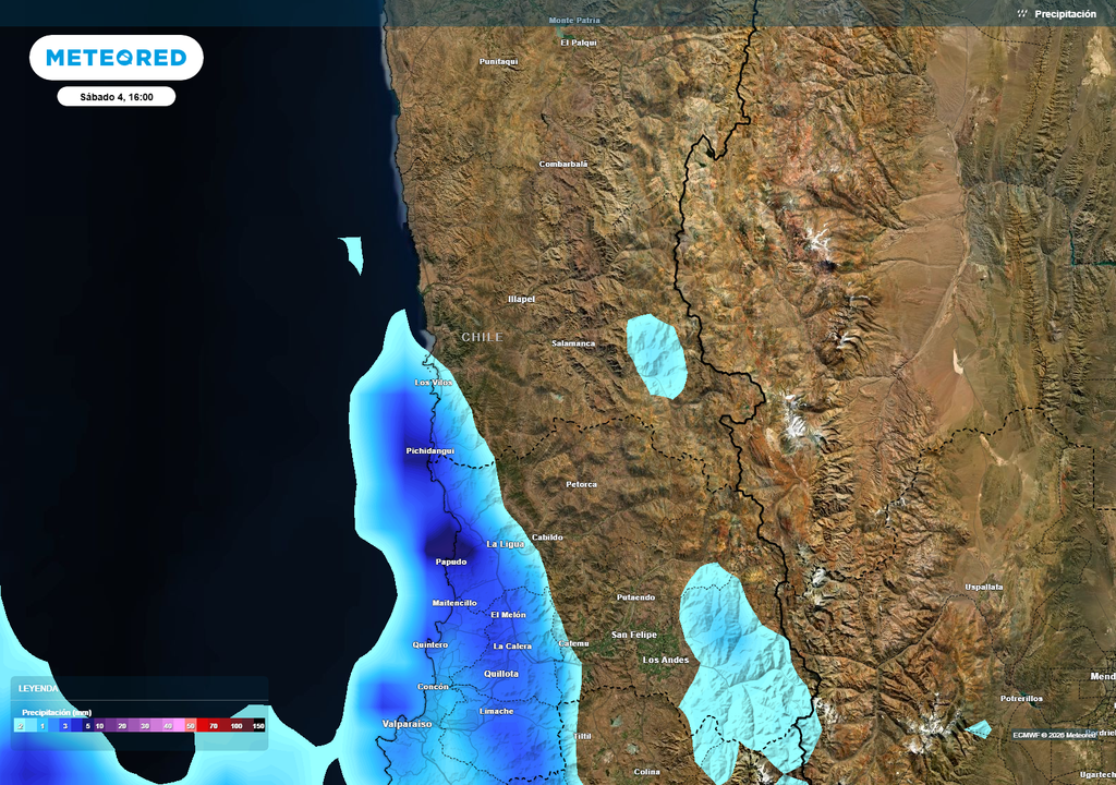 El mapa muestra el avance de los chubascos hacia el sur de Coquimbo durante la tarde del sábado, con mayor actividad proyectada en zonas costeras.