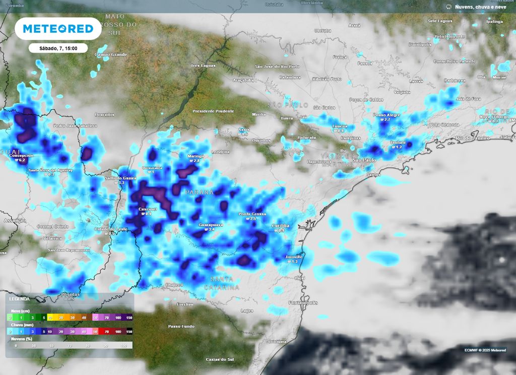 Nebulosidade e chuva prevista para a tarde de sábado (7), segundo o modelo ECMWF.