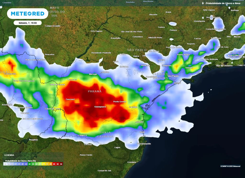 Mapa de probabilidade de precipitação para a tarde de sábado (7), segundo o modelo ECMWF.