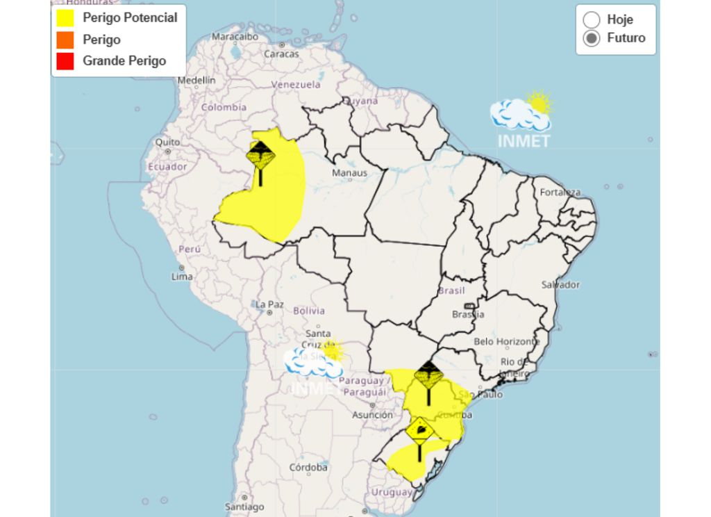INMET emite alerta amarelo de perigo potencial para tempestades e chuvas intensas para 5 estados brasileiros.