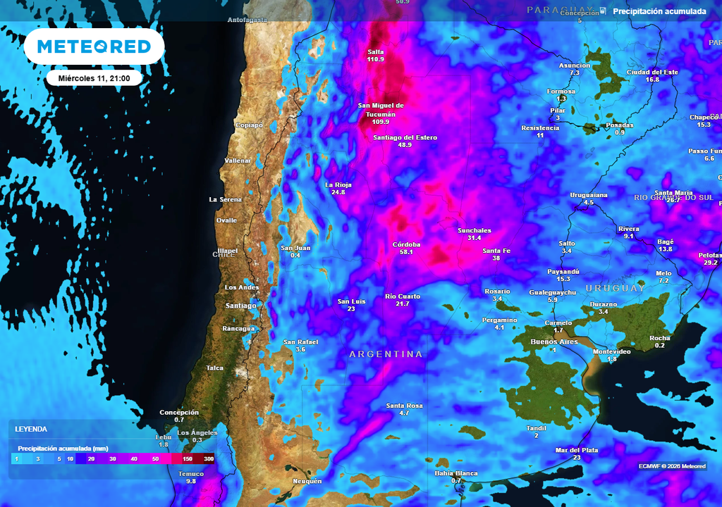 Lluvia, Tormenta, Calor, Clima, Pronóstico, Tiempo, Argentina, Pampeana, Buenos Aires Acumulados de lluvia previstos hasta el próximo miércoles según nuestro modelo de referencia ECMWF