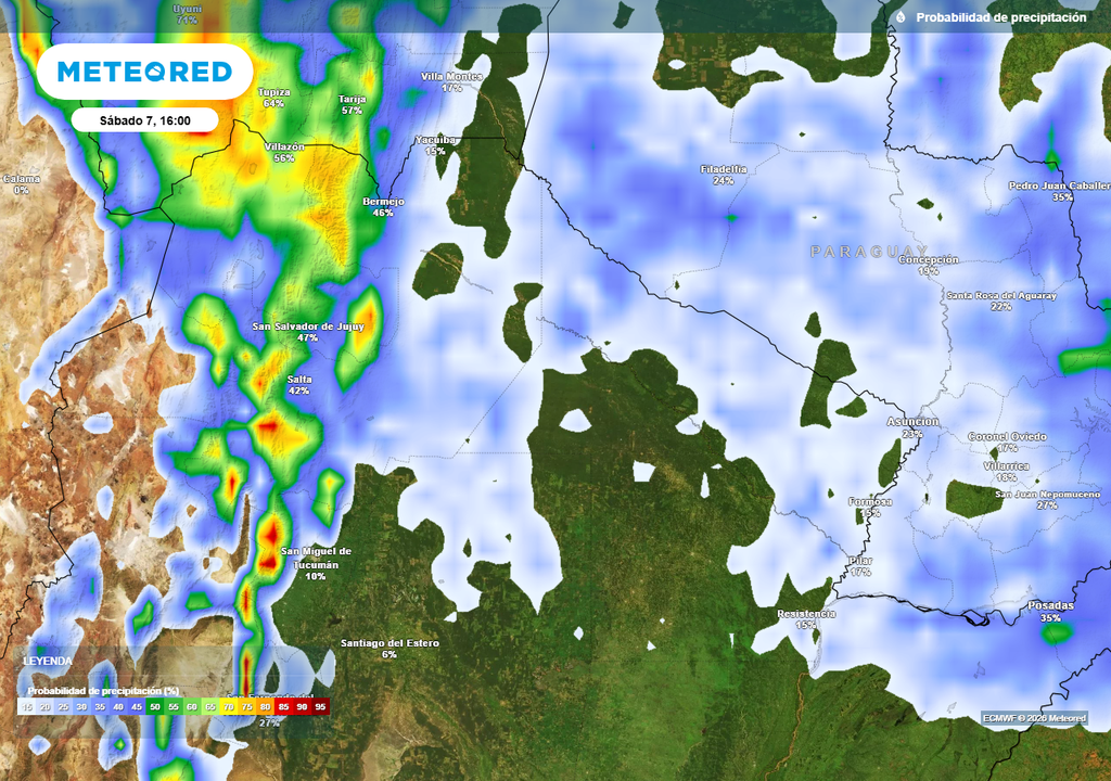 Lluvia, Tormenta, Calor, Clima, Pronóstico, Tiempo, Argentina, Pampeana, Buenos Aires Probabilidad de precipitaciones durante el próximo sábado según mapas propios basados en nuestro modelo de confianza ECMWF
