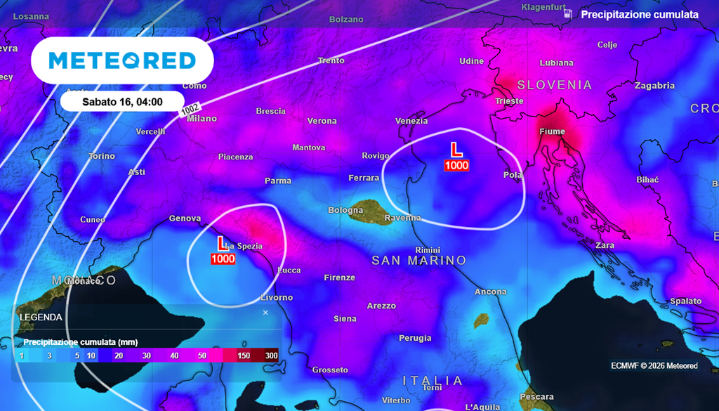 Nella mappa con il cumulato di pioggia, anche le due aree di bassa pressione ravvicinate.