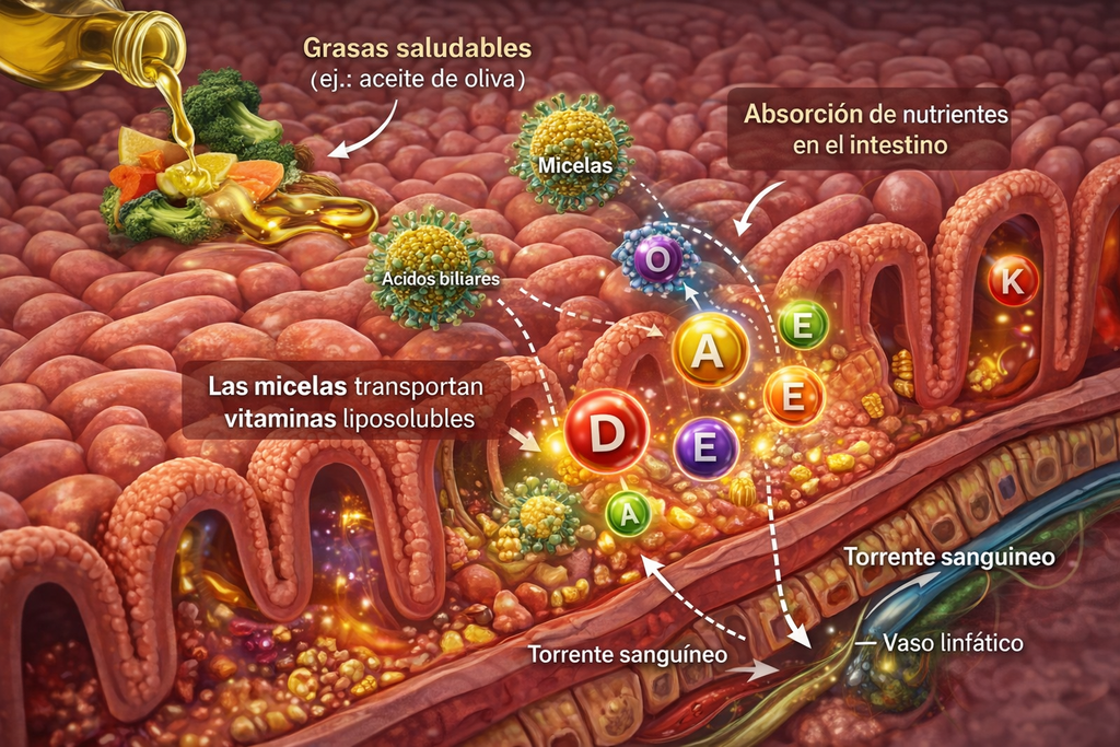 Esquema del intestino delgado que muestra cómo las grasas saludables, como el aceite de oliva, permiten la formación de micelas que transportan vitaminas liposolubles (A, D, E y K) hacia el torrente sanguíneo para su absorción.