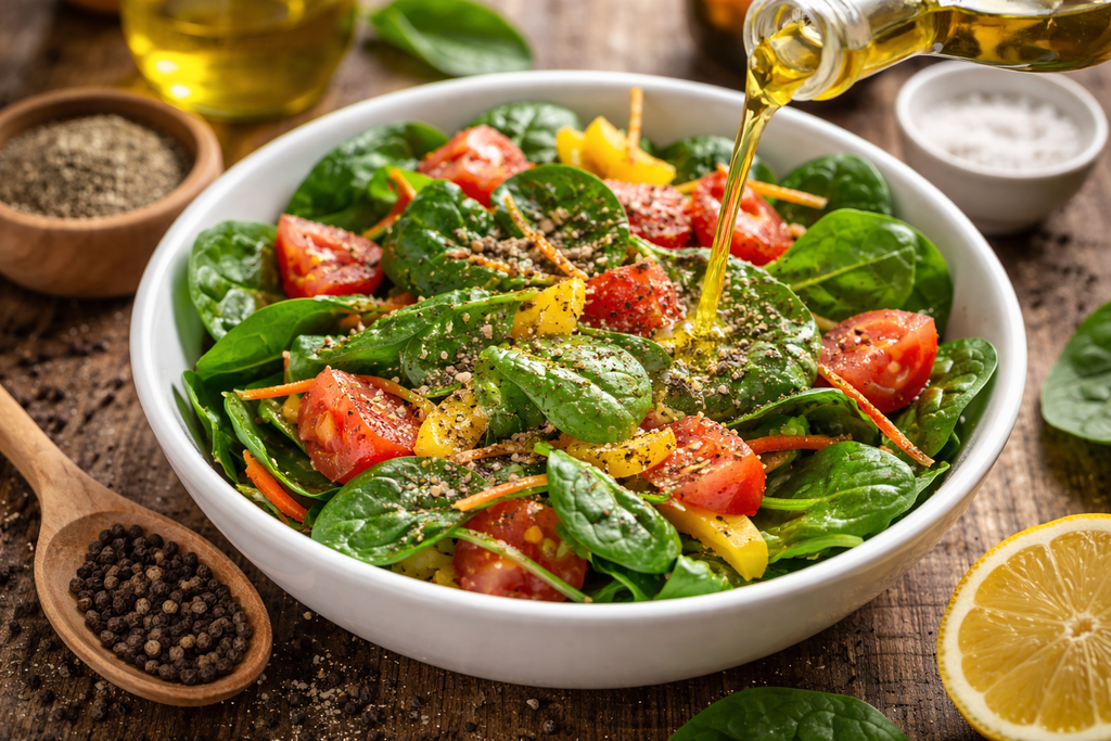 Ensalada de espinacas, tomates y zanahorias aliñada con aceite de oliva extra virgen y pimienta negra, una combinación que favorece la absorción de carotenoides y vitaminas liposolubles.