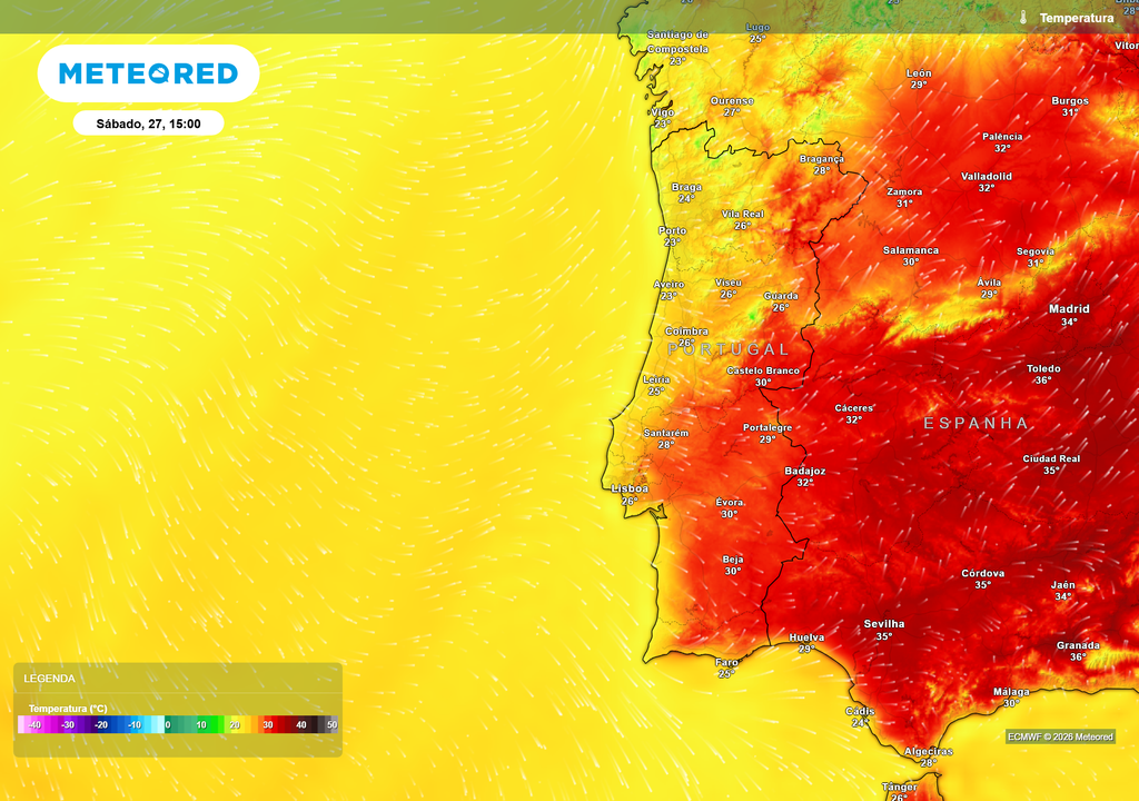 As temperaturas começam a recuperar após dois dias mais frescos. O interior volta a aproximar-se dos 30 ºC, enquanto o litoral permanece mais ameno devido à influência do Atlântico.