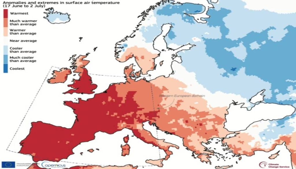 Uma onda de calor atingiu o oeste e o sul da Europa entre 17 de junho e 2 de julho de 2025. As temperaturas médias do ar durante o evento são comparadas com a temperatura média do mesmo período de 16 dias entre 1979 e 2024 (Fonte: Crédito da imagem: Copernicus, Programa de Observação da Terra da União Europeia)